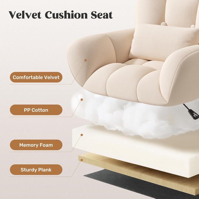 Ергономічне крісло 2-в-1 для дому та офісу: обертове, регульоване по висоті, з подушкою, велюр, бежеве