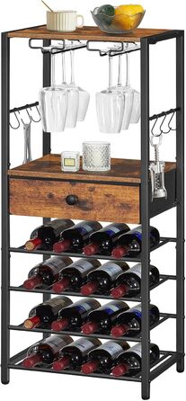 Стильна полиця для вина HOOBRO на 16 пляшок з 6 ярусами, з шухлядою, органайзер для вин, дерев'яний винний стенд, 40 x 30 x 102 см, вінтажний колір