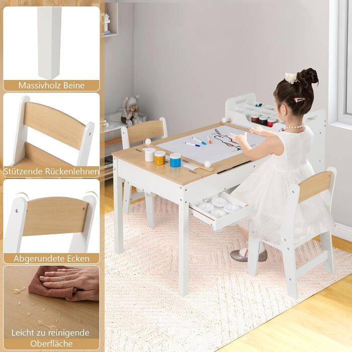 Детский стол Dreamade 3 в 1 с 2 стульями из дерева, стол для рисования с откидной столешницей и 2 тканевыми ящиками & рулон бумаги, детская мебель с хранением для детской комнаты (Натуральный, с 7 секциями)