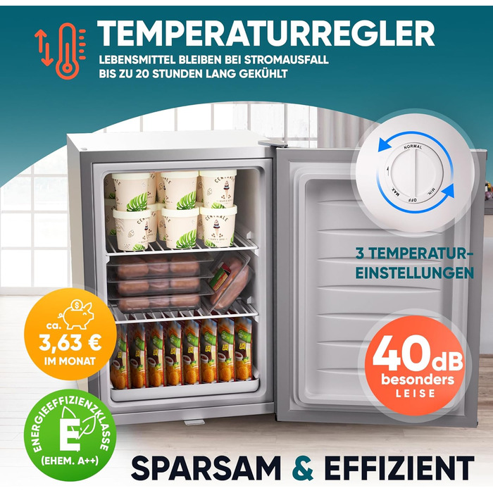 Stillstern Міні морозильник 42L -18°C з формою для льоду, замком, змінним напрямком відкривання дверцят, 4-зірковий глибокий заморожувач для кемпінгу/офісу. Срібний колір.