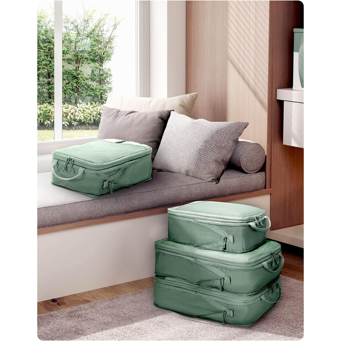 Набір компресійних органайзерів для валізи та рюкзака ECOHUB, 4 предмети, еко-серія з сіткою та бирками, зелений