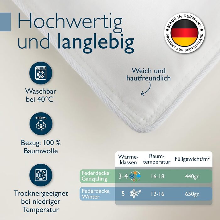 Пухова ковдра Beautissu з 100% пуху та пера – Made in Germany – сертифікація Oeko-Tex, Downpass & Nomite – бавовняна наволочка, 135x200 см, придатна для прання, зимова ковдра
