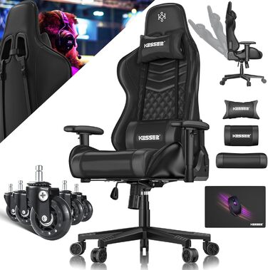 Крісло ігрове KESSER® Ergonomisch з підголівником та поперековою подушкою | Крісло для офісу, геймінгу | Макс. навантаження 150 кг | 360° | Чорний колір