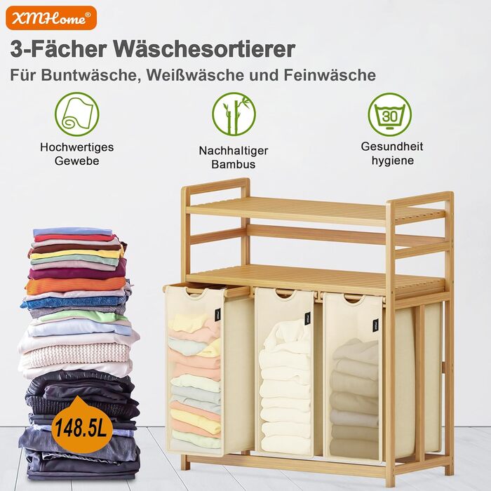 Бамбуковий сортувальник для білизни з 3 відділеннями, 148 літрів, 2 яруси, великий кошик для білизни з знімним мішком, прямокутна коробка для ванної, спальні та пральні, 77.5x41.3x100.5 см, Бежевий