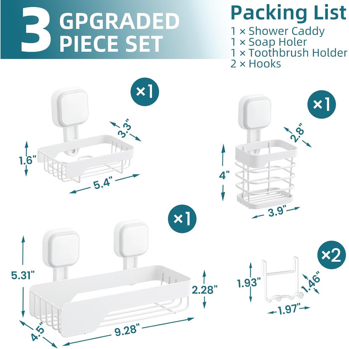 Корзина для душу TAILI з кріпленням на присоску, нержавіюча сталь, без свердління, чорна, 2 шт. (3 x білий)