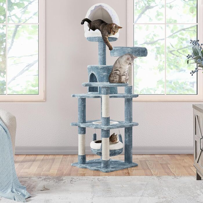 Кігтеточка для котів Yaheetech Sea Cat Tree 155 см, дизайн океану з котячою печерою у формі акулячої пащі Котяче ліжко Підвісний кошик платформа, стійке дерево для скелелазіння для котів, синьо-біле