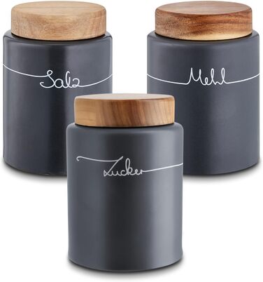 Набір контейнерів для картоплі, цибулі та часнику KHG, 3 шт., кераміка, бамбукові кришки, сірий антрацит, об'єм 3 л та 1,5 л (для борошна, солі, цукру)