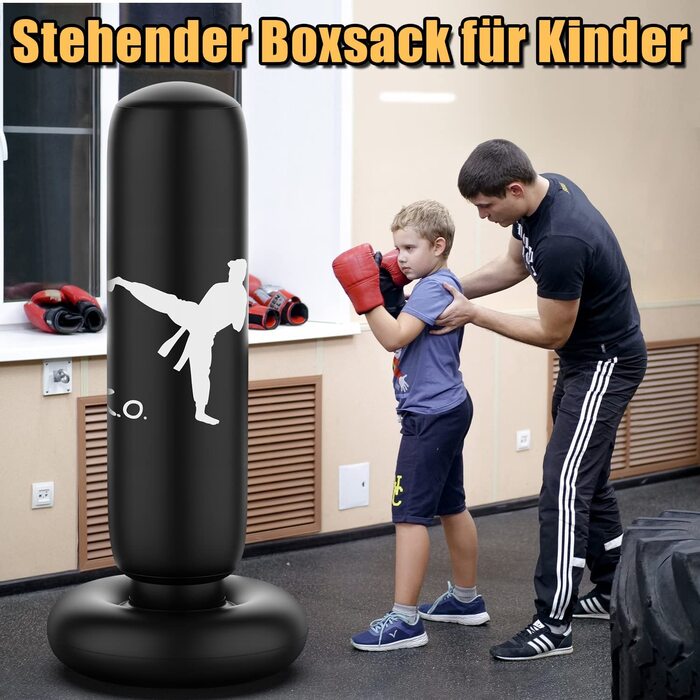 Боксерська груша XBEN для дітей від 5 років і старше, надувна боксерська груша 160 см, стояча дитяча боксерська груша для дітей, дорослих, що займаються карате, тхеквондо, скиданням тиску і домашніми тренуваннями, 160 см чорного кольору