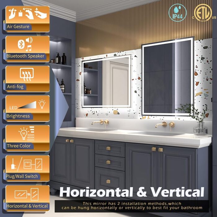 Дзеркало з LED-підсвічуванням та сенсором, з Bluetooth, регульоване освітлення, протитуманне, водонепроникне IP44, для ванної кімнати, 50 x 70 см