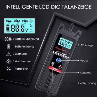 Зарядний пристрій для акумулятора LEICESTERCN 12V/24V - автоматичний, 5/10/25A, LCD, для авто, мото, 6V/12V
