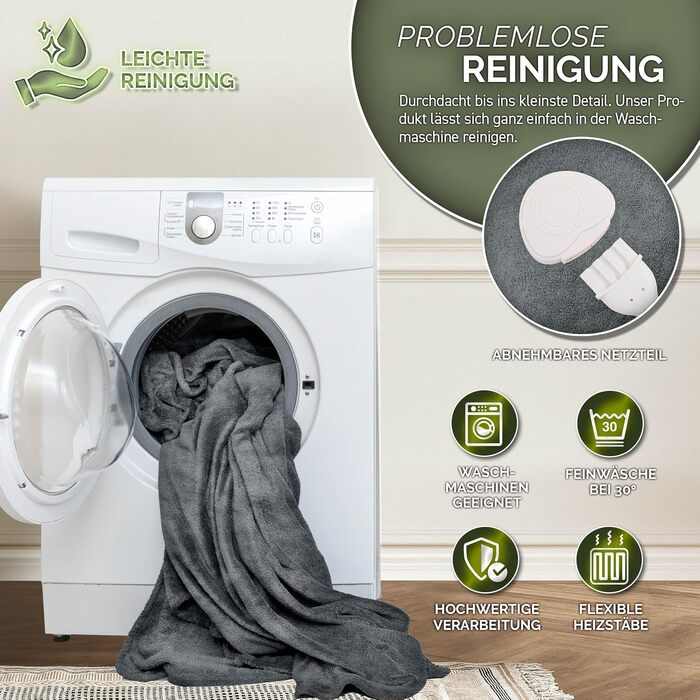 Електрична гріюча ковдра 200x180 см сірого кольору | з таймером та 9 рівнями нагріву | Плюшева ковдра, пральна до 40°C, цифровий дисплей