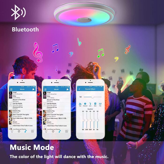 Світлодіодний стельовий світильник VOMI з динаміком Bluetooth, RGB, з можливістю затемнення, пульт дистанційного керування та додаток, 50 см, сучасний