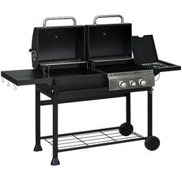 Outsunny Grillwagen Gasgrill з 2+1 пальником, термометром, 3 кВт вугільним грилем з полицею, бічною підставкою, гачками, гриль для кемпінгу зі шлангом для саду, балкону, чорний | Aosom