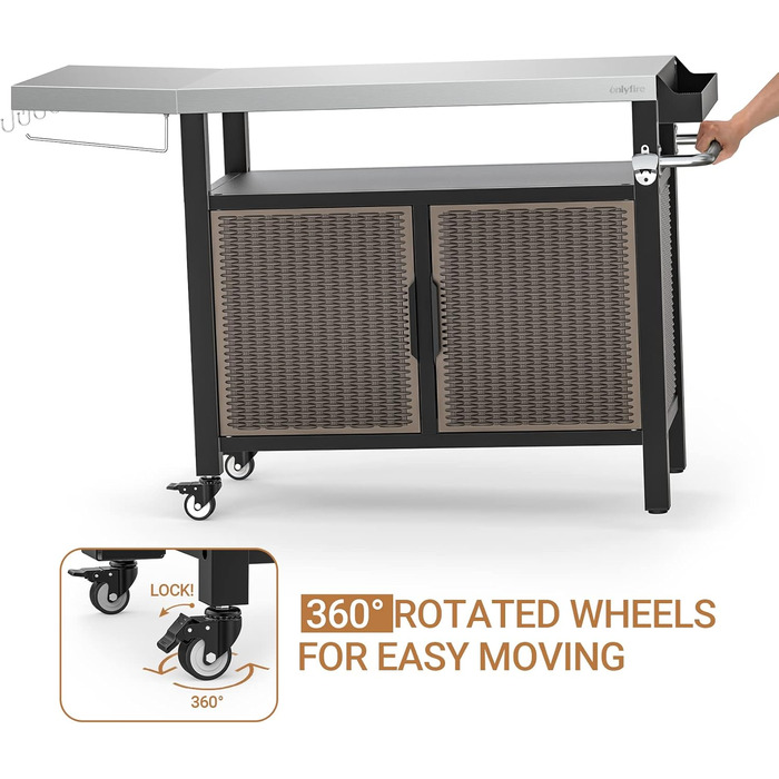 Onlyfire Grilltisch: Робочий стіл для гриля з великою поверхнею, візок для сервірування з колесами, гриль-стіл з відкидними боковими полицями, стільниця з нержавіючої сталі, візок для барбекю, 143.5 × 56 × 91 см, двостулковий