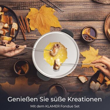 Електричний Фондю-набір KLAMER для 8 осіб з 8 виделок, регулювання температури, захист від бризок, посуд з алюмінію, екологічна обкладка з каучуку