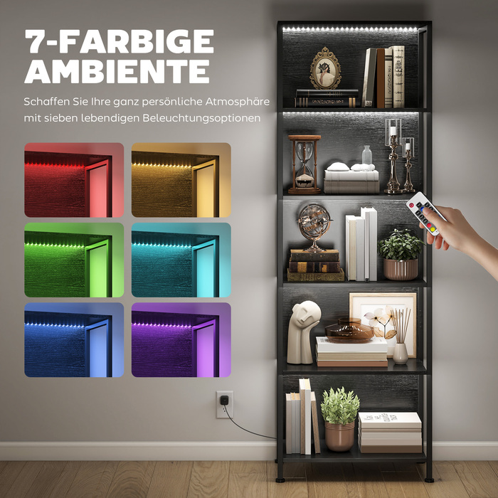 Стильна полиця-стеллаж на 5 ярусів з LED-підсвіткою, 7 кольорів світла, для вітальні, 60 x 30 x 179 см, чорний