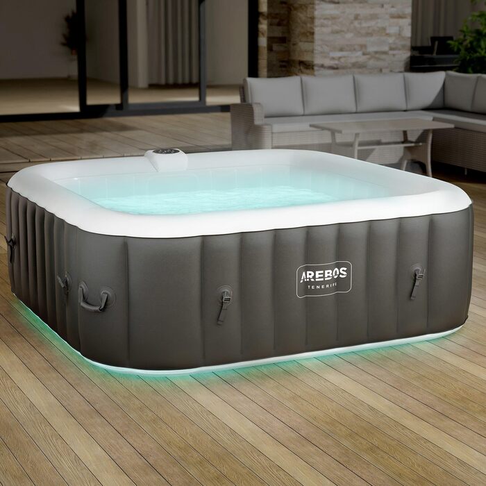 Надувний гідромасажний басейн-спа Arebos Spa Whirlpool 2400 Вт для 6 осіб, 185x185 см, 130 масажних форсунок, LED-підсвітка, 910 л, з кришкою