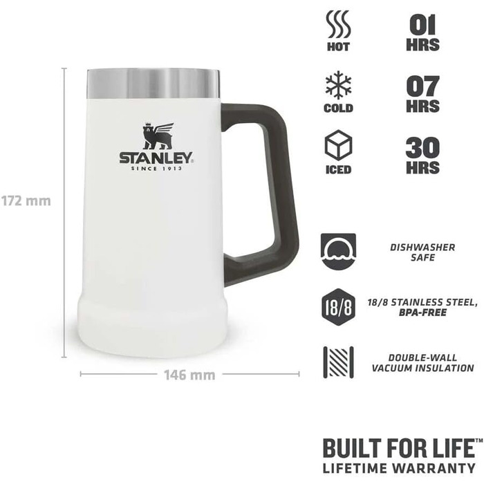 Термокружка Stanley Adventure Vacuum Stein 709 мл - Білий (Polar White) | Зручна ручка, 7 годин холоду, для пива, миється в посудомийній машині