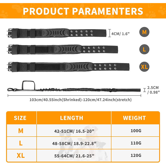 Тактичний нашийник Huntvp з ручкою управління і повідцем з подвійною ручкою, Одиночний нашийник і повідець для собак набір, світловідбиваючий Регульований для більш самотніх великих собак відпочинок на свіжому повітрі, (Чорний, XL)