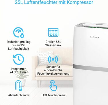 Електричний осушувач повітря KLAMER 25L, 195 м³/год, 420W - потужний осушувач для дому