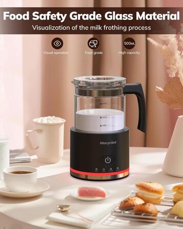 Електричний піноутворювач для молока Morpilot, 130-500 мл, 600 Вт, 4-в-1, для гарячого та холодного молока, миється в посудомийній машині, скляний, дизайн Latte, чорний