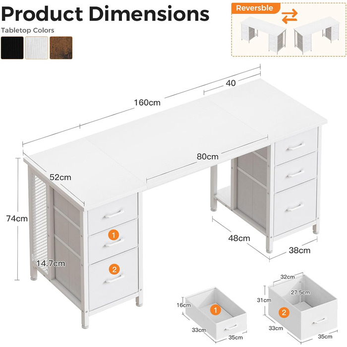 Комп'ютерний стіл Coleshome з 6 шухлядами, 160x52 см, білий для дому та офісу