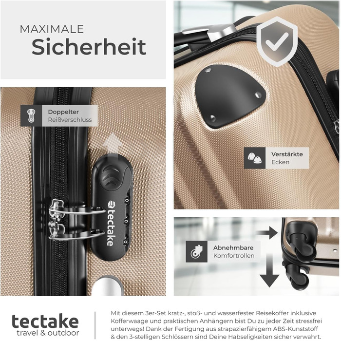Набір валіз Tectake (M-L-XL) з ваговою та бізнес-ідентифікатором, ABS, телескопічний ручка, коліщата, набір валіз для подорожей, колір шампань