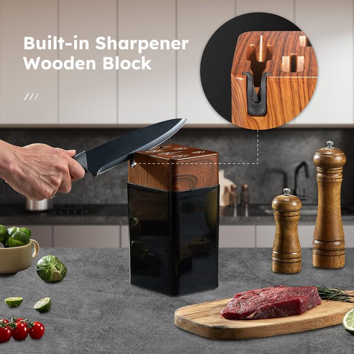 Набір кухонних ножів Yabano 7 предметів з підставкою та точилкою, кухонний набір ножів з чорним пластиковим блоком