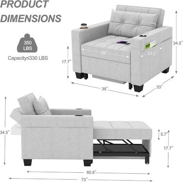 DURASPACE розкладне крісло-ліжко 3-в-1, 99 см, із USB, кишенею, підстаканником, для малих приміщень, зелений/світло-сірий