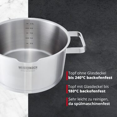 Каструля Meisterkoch з нержавіючої сталі 16 см Ø | з виливом, внутрішньою шкалою та ізольованою ручкою | 1 скляна кришка з дрібним та великим ситом | Кухонне приладдя, нержавіюча сталь, індукційне дно (20 см)