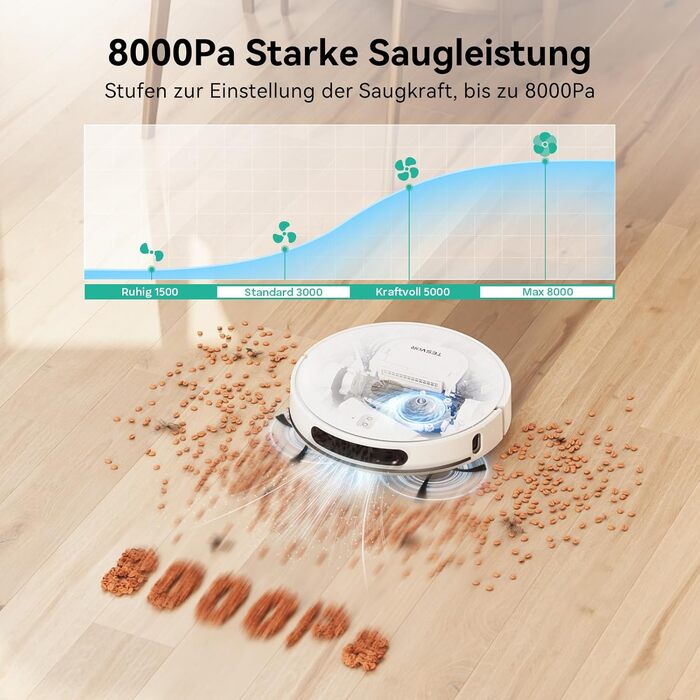 Робот-пилосос Tesvor S8 Pro з функцією миття - 8000Pa, LiDAR-навігація, 240 хв роботи, керування через додаток/Alexa, для тварин, килимів, твердих підлог