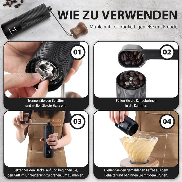 Ручна кавомолка SUNYA MCG-02 з кегульним жорном, збірник рецептів, нержавіюча сталь, дерев'яний ручка