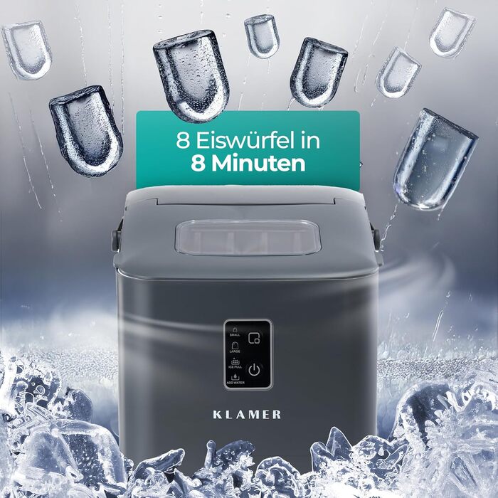 Льодогенератор KLAMER 24 кг/добу, 3 розміри льоду, 2.2л резервуар, 130W, тихий, сірий
