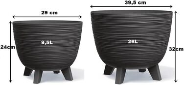 Квітчанка BirnePower Furu Ø 39,5 см, антрацит, 26 л – круглий горщик для квітів з ніжками, пластик, для дому та саду