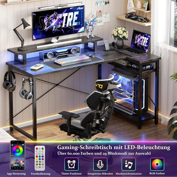 Кутовий ігровий стіл L-подібний з LED-підсвіткою та розетками, комп'ютерний стіл з полицями, обертовий, з підставкою для монітора, 120 x 70 см, дуб Грау Ейх