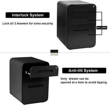 Роликовий контейнер DeHong з металу, мобільний офісний шафчик з 3 висувними ящиками, офісний контейнер, з можливістю замка та регульованих папок, збірно-розбірний, для офісу, дому, чорний