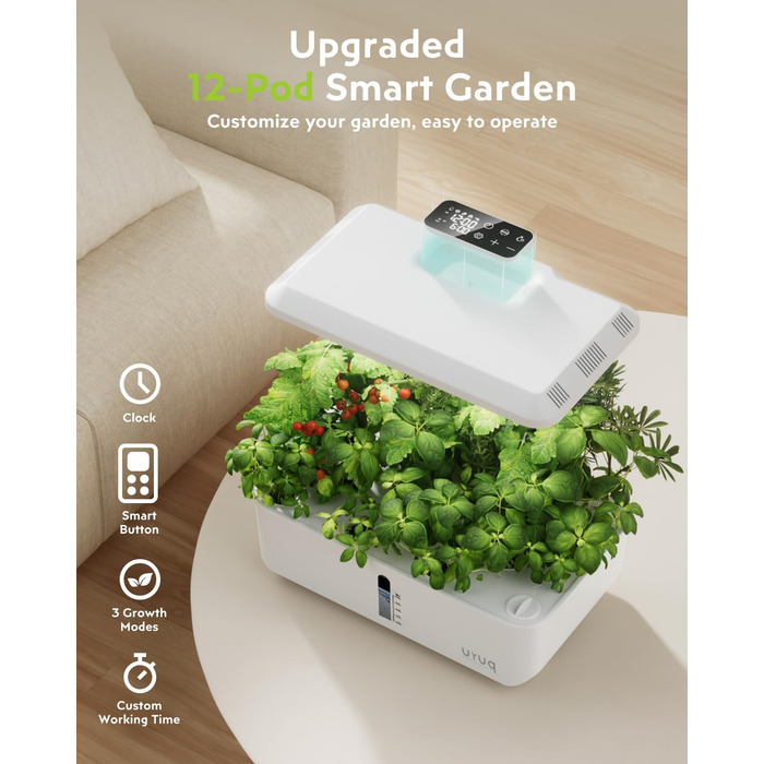 Система гідропоніки для вирощування в приміщенні URUQ 12 Pods: Квітів, трав, овочів з LED-підсвічуванням, регулюванням висоти та тихим насосом. Комплект для пророщування рослин. Подарунок для жінок та чоловіків