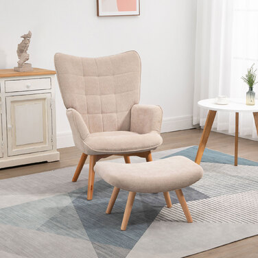 Крісло HOMCOM Wingback з табуретом Крісло з м'якою реклайнером Вельвет Look Крісло для відпочинку Крісло Крісло з дерев'яними ніжками Телевізор Крісло бежеве для вітальні
