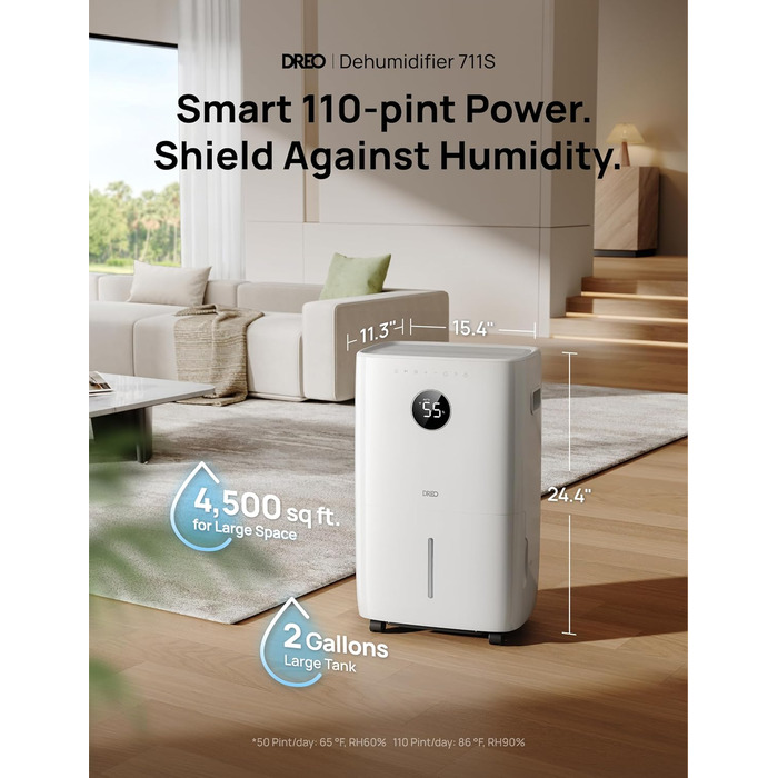 Dreo Розумний осушувач повітря /24h, для приміщень 37 м² – енергоефективний та тихий – керування через App & Alexa – 3 режими, таймер, регульована вологість, з відводом води, для спальні та ванної кімнати, білий (52L)
