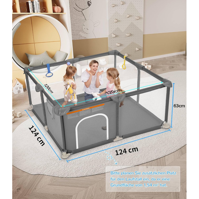 Дитячий манеж Dripex 124x124 см, сірий, з дихаючим мережем, Oxford 210D, для гри та безпеки