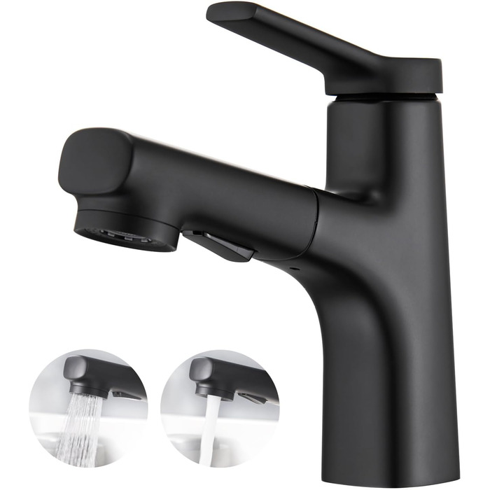 Сучасний змішувач для ванної кімнати CREA з висувною лійкою, 2 режими струменя, одноlever, з міді з хромовим покриттям (чорний)