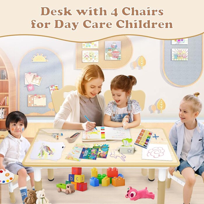 Дитячий стіл зі стільцями (2 шт.) 80x60 см, регульована висота, для дитячого садка, ідеально для ігор, малювання та розмальовування. Легко миється. Набір столу та стільців для дітей від 2 років (Бежевий)
