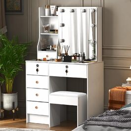 Туалетний столик зі світлом та дзеркалом, з пуфом, 6 шухляд та 6 полиць, 80x36x130 см (PW5)