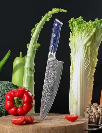 Ніж кухарський 20 см Xuan Серія VG10 Дамаська сталь - ніж для кухні з ручкою з смоли (сапфірово-блакитний)