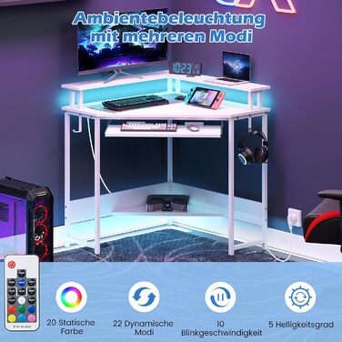 COSTWAY кутовий стіл з зарядкою, трикутний кутовий стіл з LED, підставка для клавіатури та підставка для монітора, ігровий стіл економія простору, кутовий стіл для дому, офісу (білий)