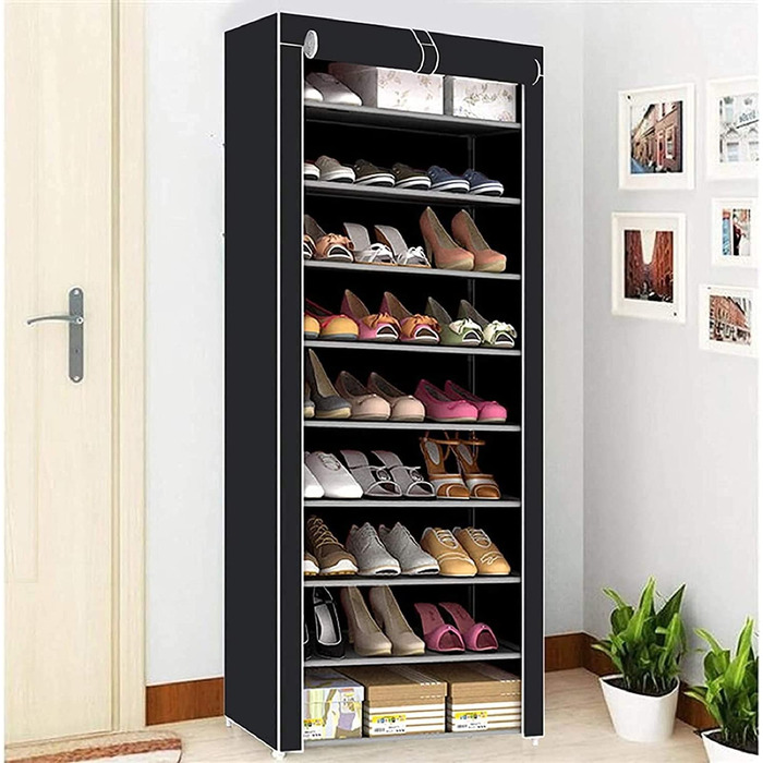 Полиця для взуття Gutsbox з кришкою, 10-шаровий 9-шаровий пилозахисний шафа для взуття, місткістю до 30 пар взуття, 58 x 28 x 160 см (чорний)