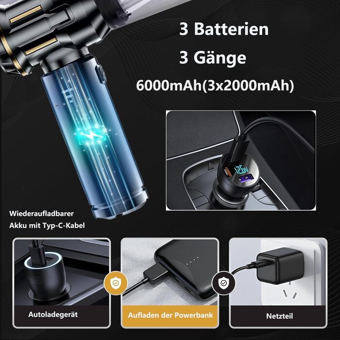 Акумуляторний ручний пилосмок 4-в-1, бездротовий пилосос та електричний обдув 22000Па, 3 режими, для авто, дому, кухні та шерсті тварин, чорний