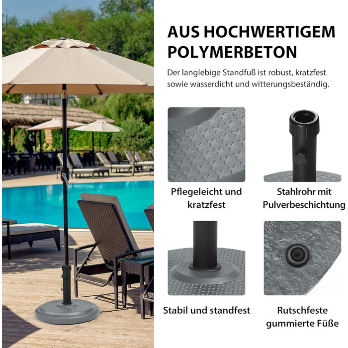 Підставка для парасольки Paramondo, кругла, срібна, з полімерного бетону, для масту діаметром до 50 мм, з адаптерними гільзами