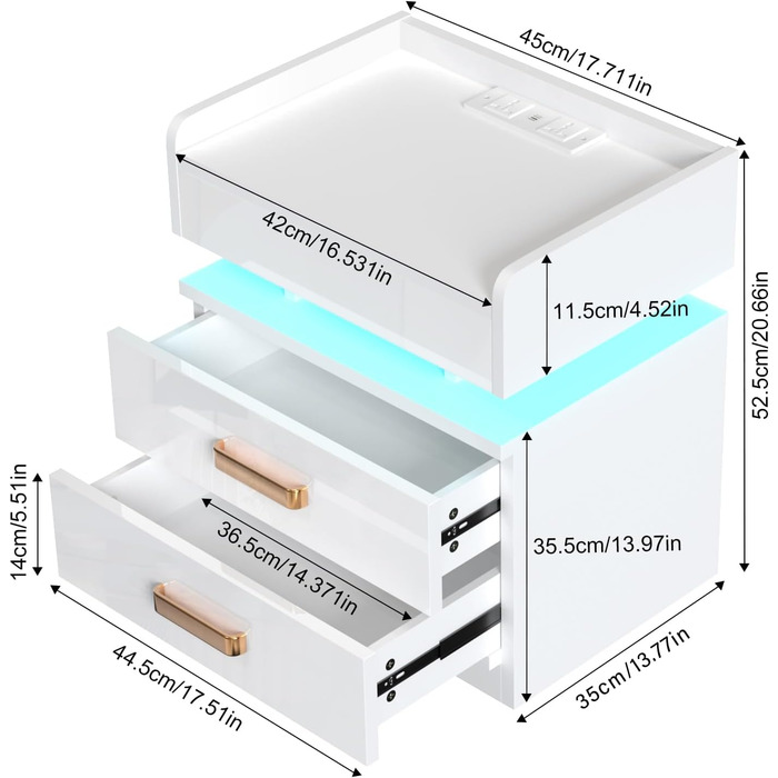 Тумбочка Lvhcmfohm з розеткою, LED, USB, 2 шухляди (45x35x52.5см, біла)