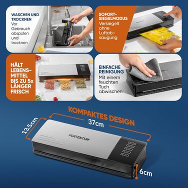 Вакууматор для продуктів PORTENTUM з корпусом із нержавіючої сталі та набором з 10 пакетів, вакуумний пакувальник та зварювач пакетів